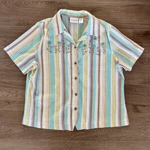 Striped Embroidered Coastal Grandma Shirt Alfred Dunner Women Sz 18 Floral